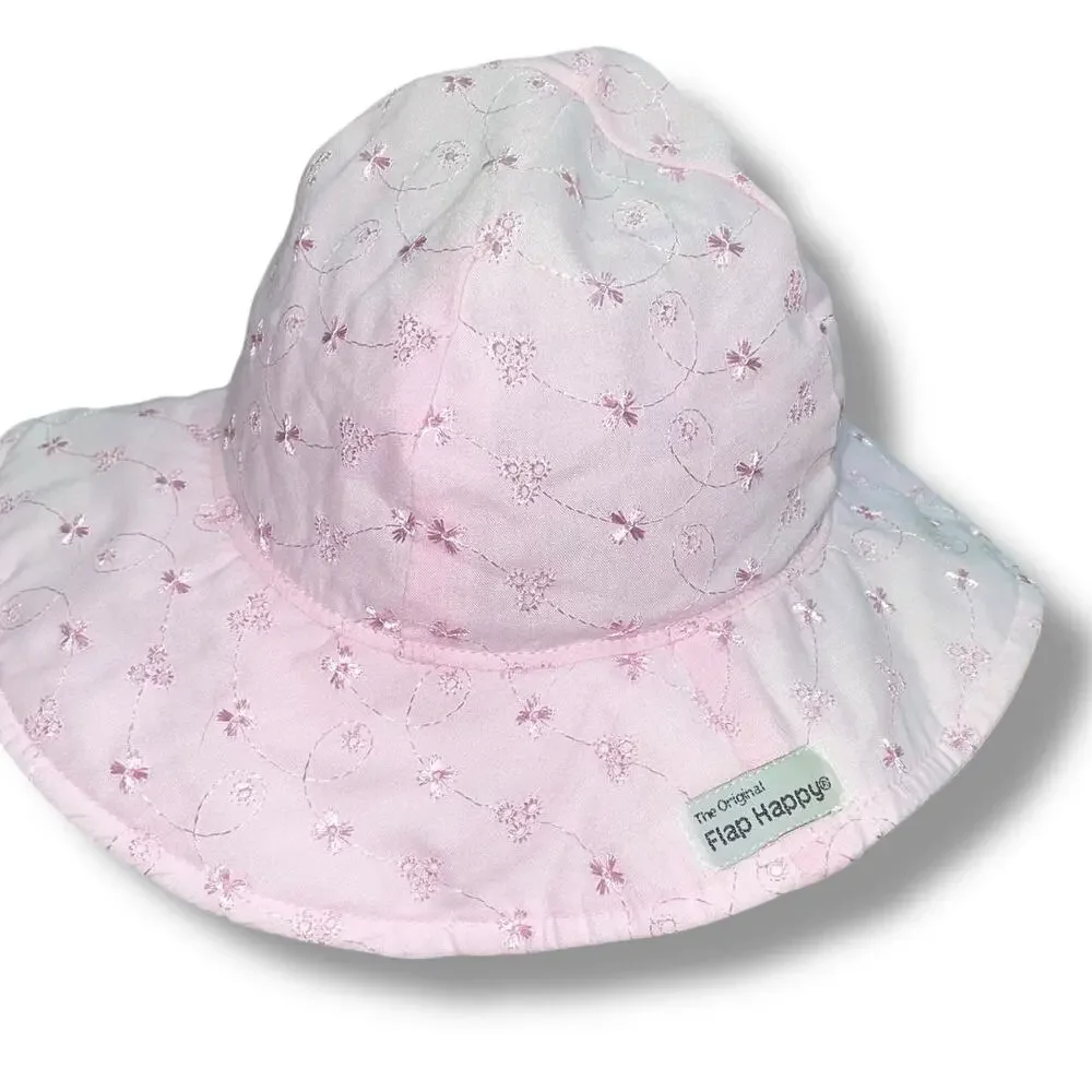 The Original Flap Happy Hat Baby Sun Cap 6-12 Months Pink Eyelet UPF 50 Ties Hat